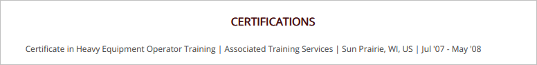 Certifications Section in a Machine Operator Resume