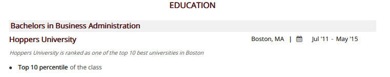 Education Section in Sales Representative Resume