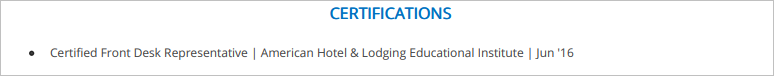 Certifications Section in a Front Desk Resume