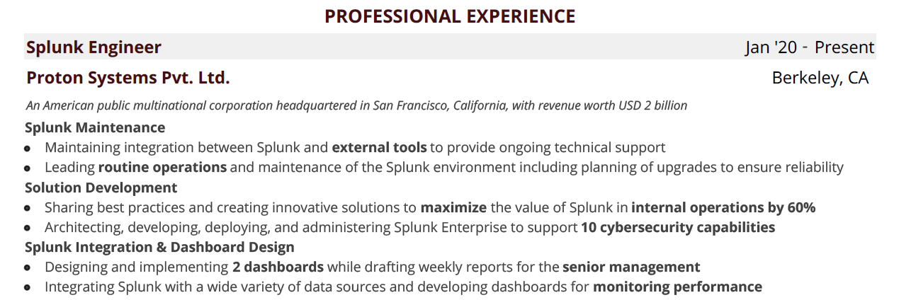 splunk-resume-professional-expereince