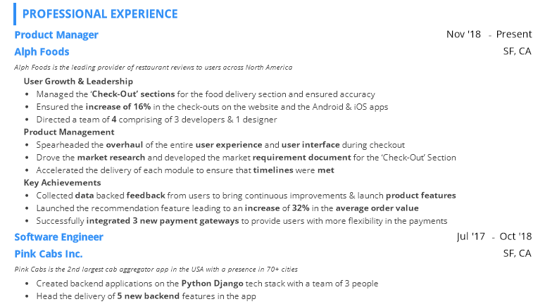 product-manager-resume-professional-experience