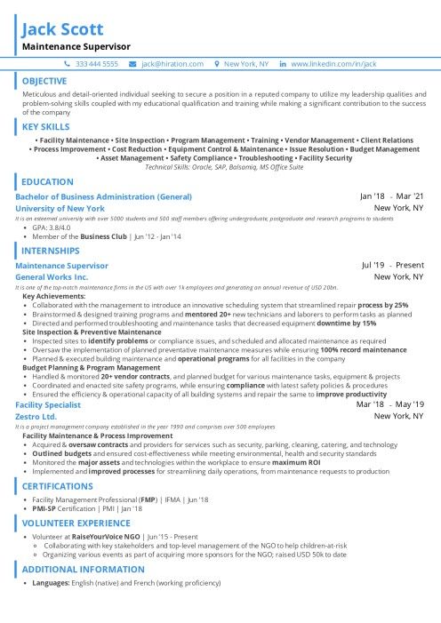 Maintenance Supervisor Resume - Maintenance Supervisor Fresher Resume Image 
