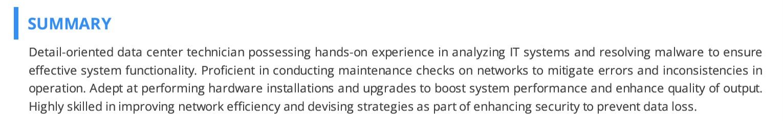 data-center-technician-resume-summary