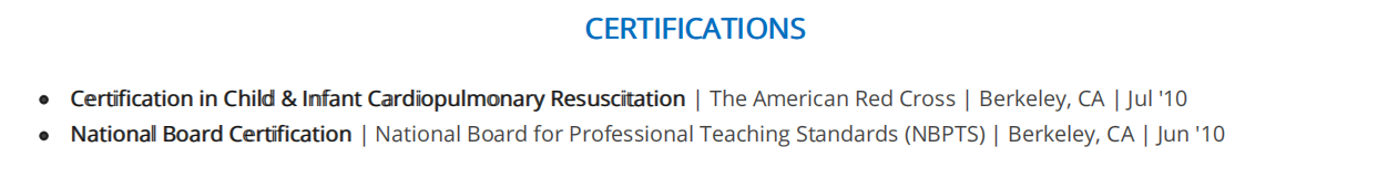 new teacher resume certification sample