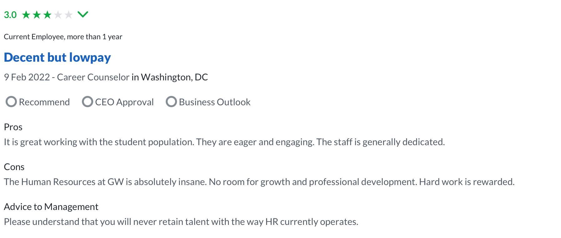 Glassdoor review by  George Washington University career counselor