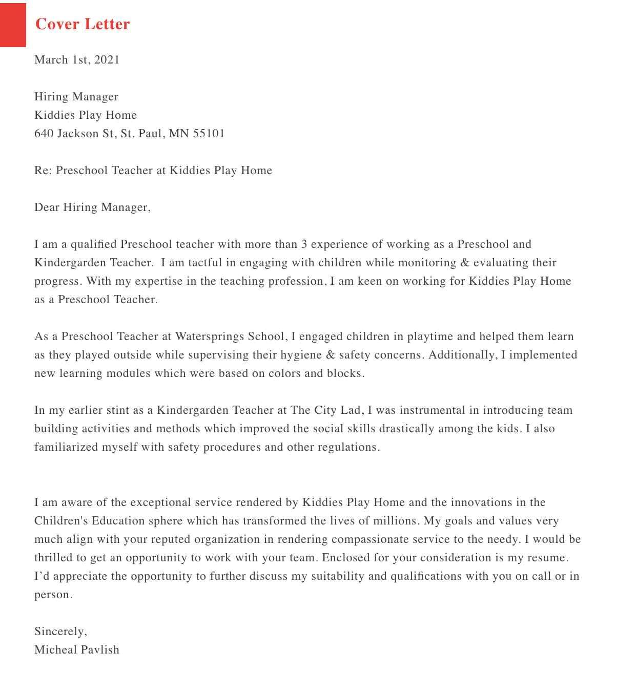 Teacher Cover Letter Template Free Download