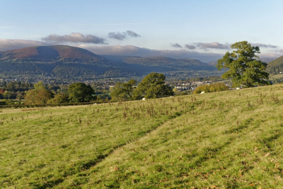 Beacon way Abergavenny and Blorenge viewed from base of Ysgyryd Fawr Skirrid Fawr Monmouthshire Wales