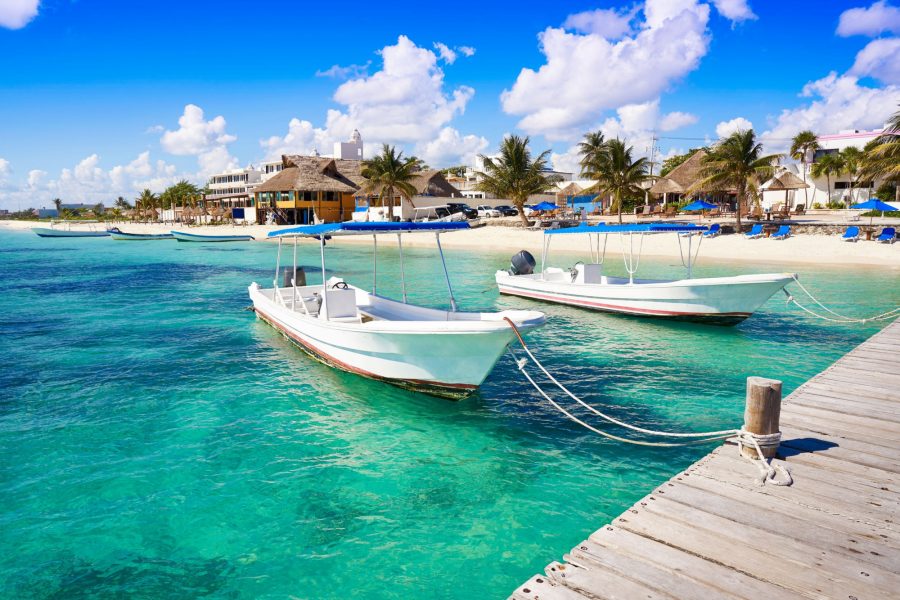 Mexico Yucatan Puerto Morelos beach boats in Mayan Riviera Maya of Mexico