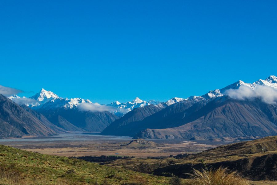 NZ Lake Heron snow capped mountains and hills in Ashburton Lakes District