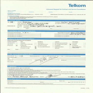 form telkom contract cancellation Non [Responded] on Telkom Telkom service  existant  from