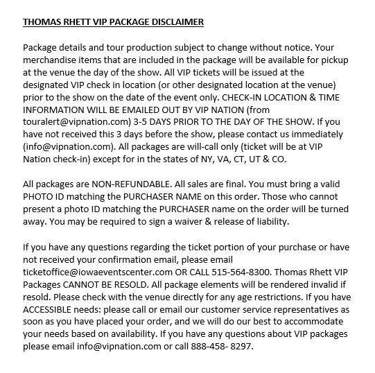 Iowa Events Center Online Ticket Office Event/Item List for "Thomas