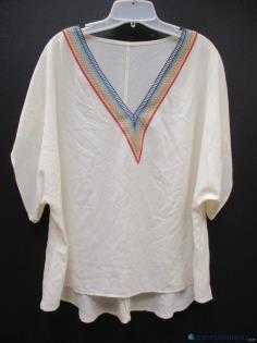 EUC Shein Off White Flutter Short Sleeve Embroroided Trim VNeck Blouse Women 2XL