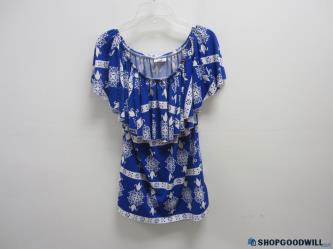 EUC LuLaRoe Blue/White Print On/Off Shoulder Alana Flounce Blouse Womens Small