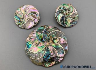 Vintage Mexico Alpaca Abalone Shell Inlay Pinwheel Brooch & Earrings Set