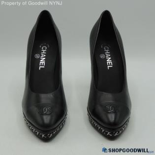 Chanel Women's Black Leather Platform Pumps w/ Cap Toe & Chain Trim Size 39