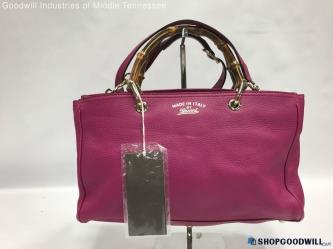 AUTHENTIC Fuchsia Pebble Leather Bamboo Gucci Shopper Tote Purse
