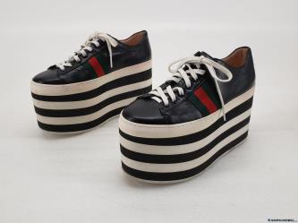 Gucci Women's Black Leather Platform Sneakers with Striped Sole, Size 38