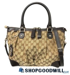 Gucci Khaki/Brown Sukey Monogram GG Canvas/Leather Satchel Tote Handbag with COA