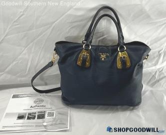 Prada Blue Leather Tote Shoulder Purse Handbag w/COA