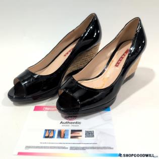 Prada Black Patent Leather Peep Toe Espadrille Wedge Pumps, Size 5.5 W/COA