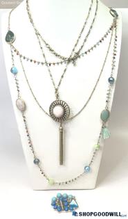 Lucky Brand & Unbranded Gold Tone Blue Green Layering Necklaces Artisan Brooch