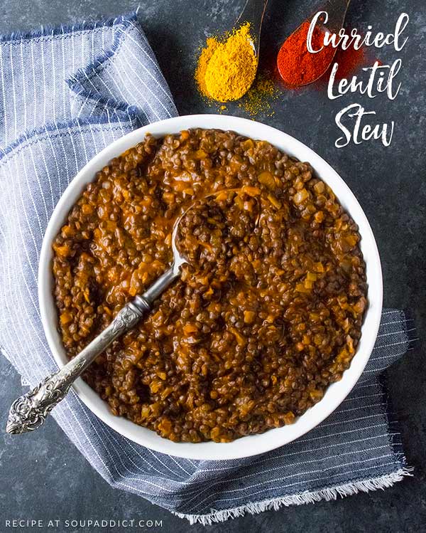 Curried Lentil Stew - with just seven ingredients you probably already have in your pantry, the best and easiest lentil stew is just 30 minutes away. Make-ahead awesome, simple, and satisfying. Recipe at SoupAddict.com | lentils | curry | stew | food in bowls