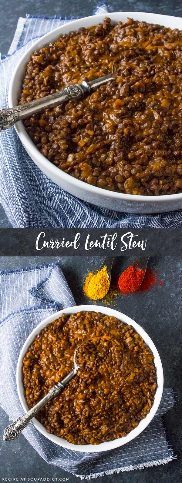 Curried Lentil Stew - with just seven ingredients you probably already have in your pantry, the best and easiest lentil stew is just 30 minutes away. Make-ahead awesome, simple, and satisfying. Recipe at SoupAddict.com | lentils | curry | stew | food in bowls