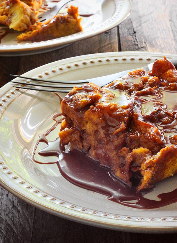 Pumpkin Bread Pudding with Nutella Glaze from SoupAddict.com