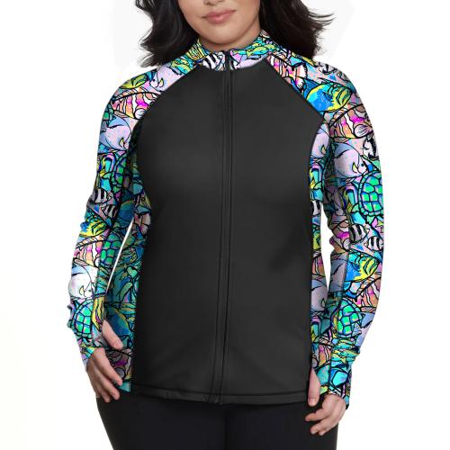 WOMENS ZIP RASH GUARDS NEON FISH FRENZY 2X