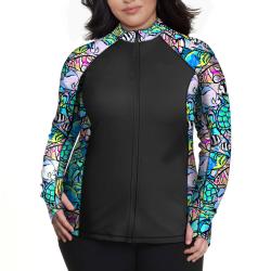 WOMENS ZIP RASH GUARDS NEON FISH FRENZY 2X