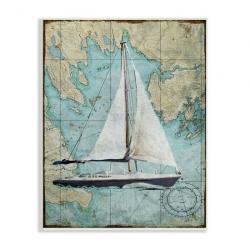 Vintage World Map Sail Boat Ocean Coast Painting Wall Plaque