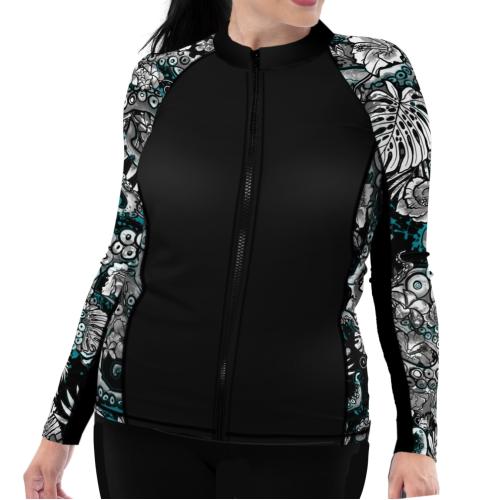 Spacefish Army Plus Size Eco-friendly Full Zip Up Electric Blue Octofloral Rashguard