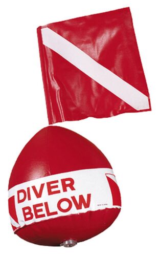 COMPACT INFLATABLE CIRCULAR FLOAT AND FLAG