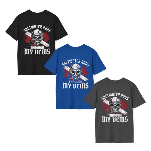 Saltwater Runs Through My Veins T-Shirt | Diver Skull, Scuba Flag