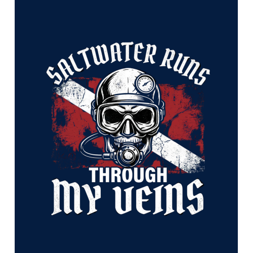Saltwater Runs Through My Veins T-Shirt | Diver Skull, Scuba Flag