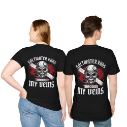 Saltwater Runs Through My Veins T-Shirt | Diver Skull, Scuba Flag