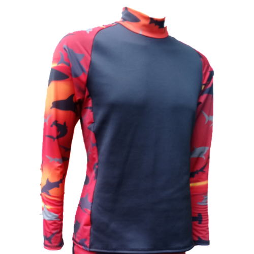 RASH GUARD-MENS, BLACK/SHARKS  XL
