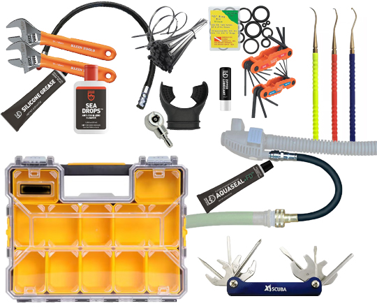 Complete scuba Save-a-Dive kit with tools, spare parts, and accessories