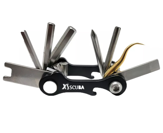 XS Scuba Multi-Tool with stainless steel wrenches, hex keys, and bronze O-ring pick