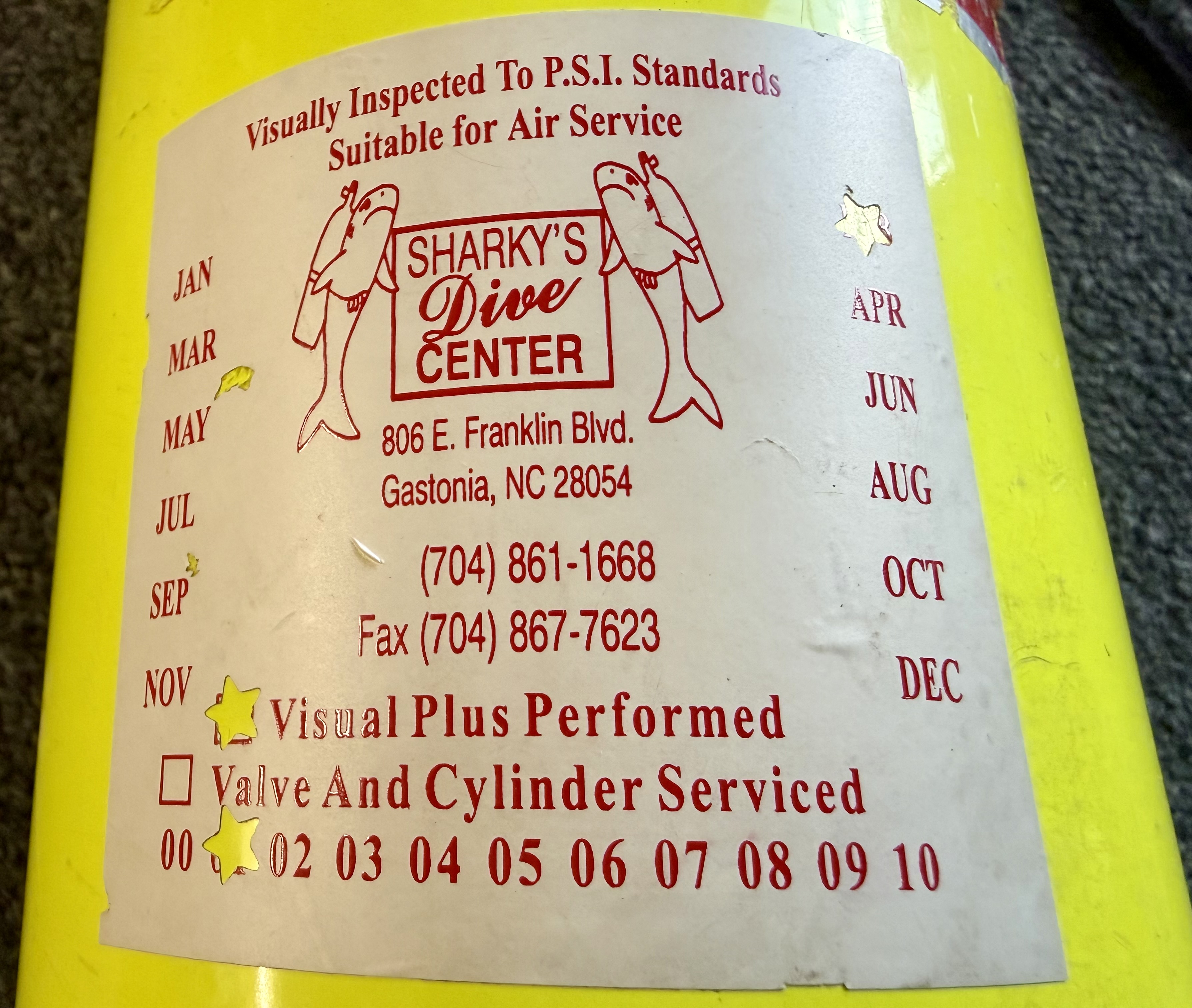 Sharky’s Dive Center visual inspection sticker, Gastonia NC