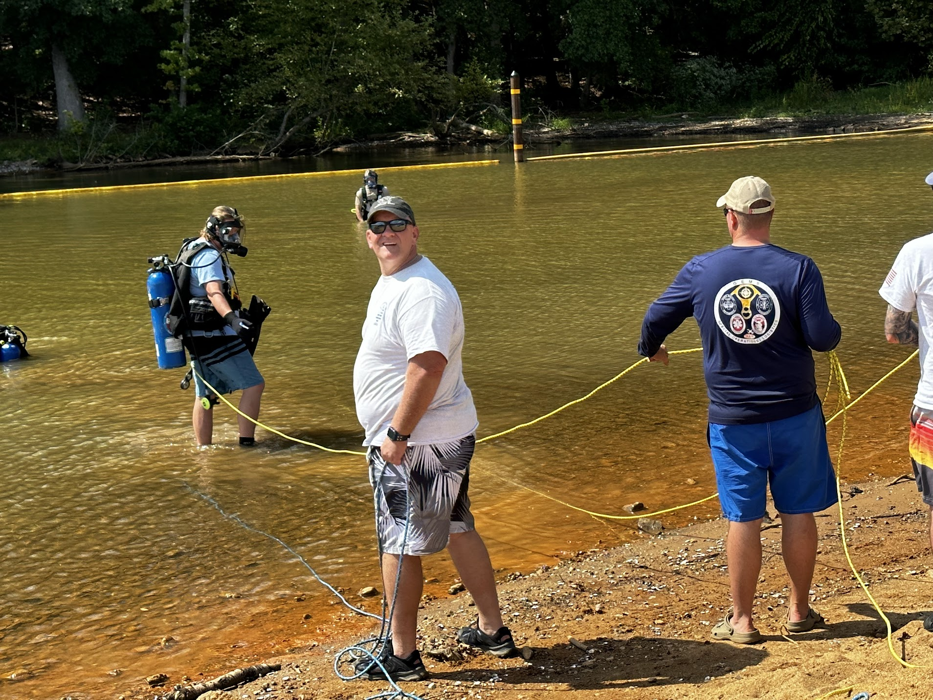 Scuba divers training in Lake Wylie, NC with line support during local dive training near Belmont, Fort Mill, Rock Hill, Gastonia, and Charlotte.