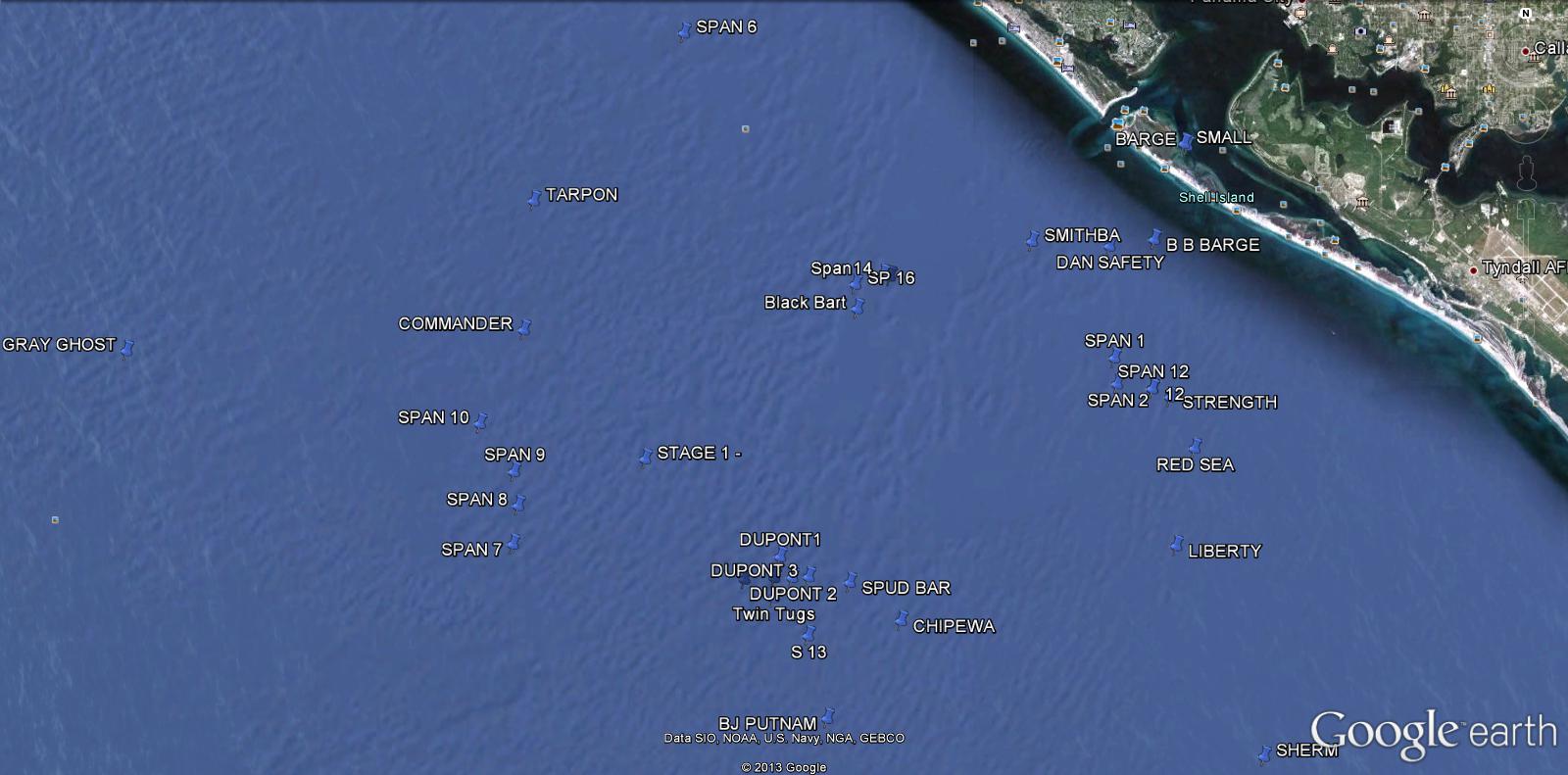 Common dive sites of Panama City Beach, Florida.