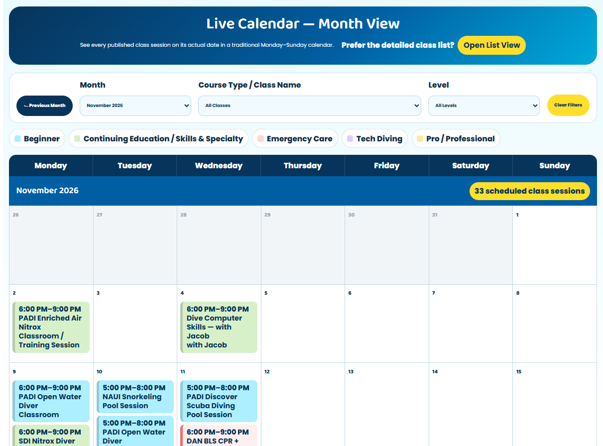 Dive & Glide training calendar Month View showing class sessions by date