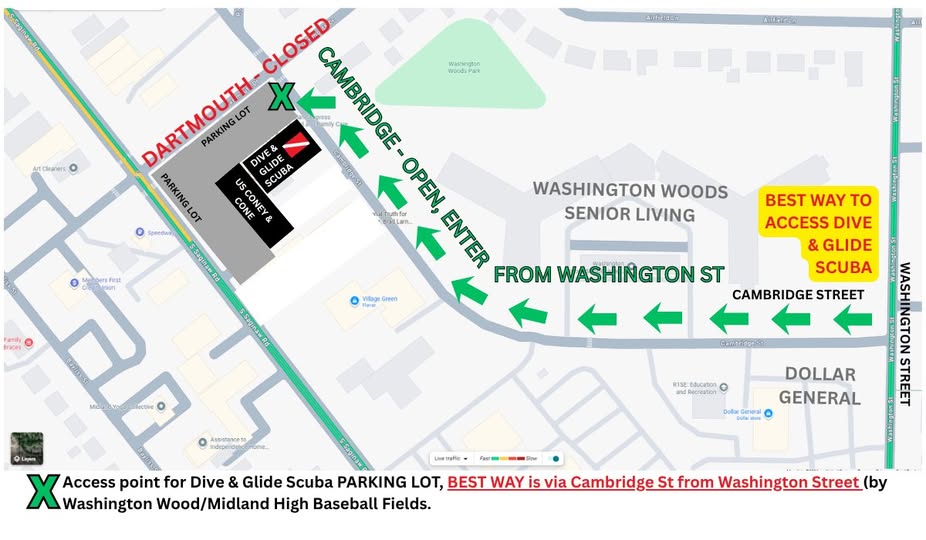 Road construction access map for Dive & Glide Scuba parking lot