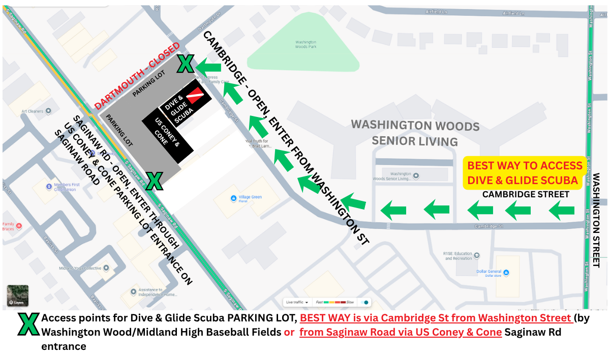 Dive and Glide Scuba parking and access route during road construction