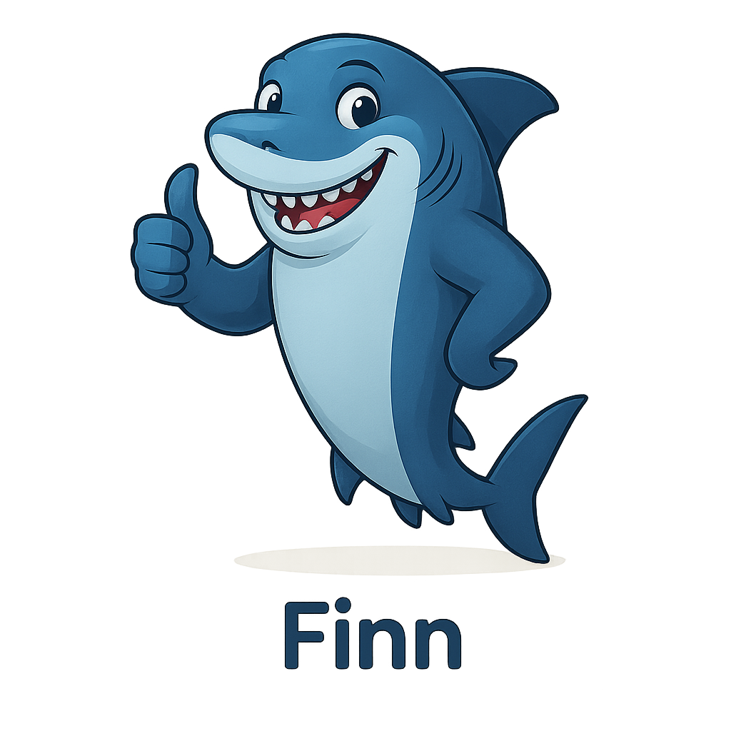 Finn the blue shark smiling confidently
