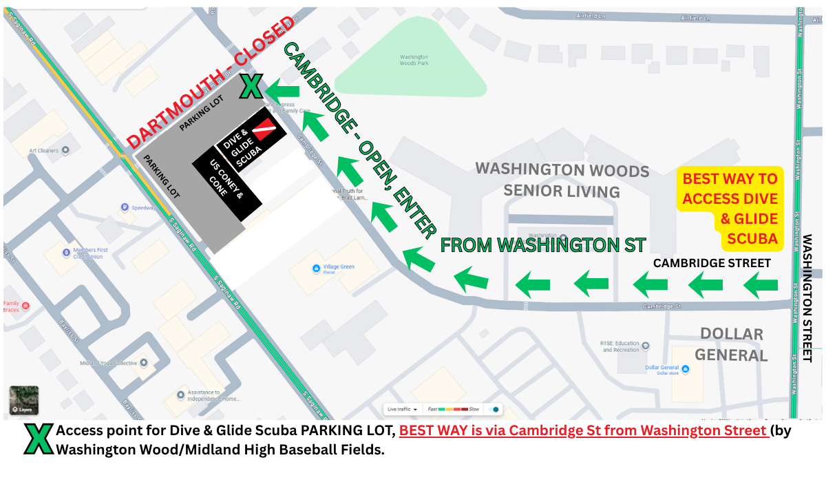 Dive and Glide Scuba parking and access route during road construction