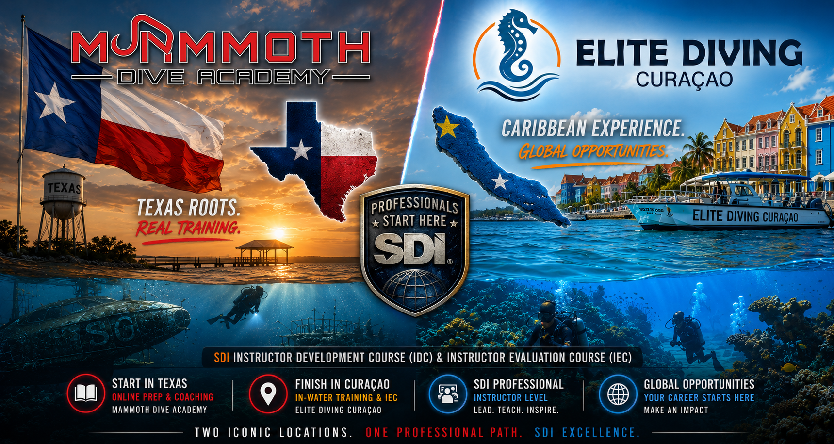 SDI IDC Texas to Curacao instructor development partnership with Mammoth Dive Academy and Elite Diving Curacao