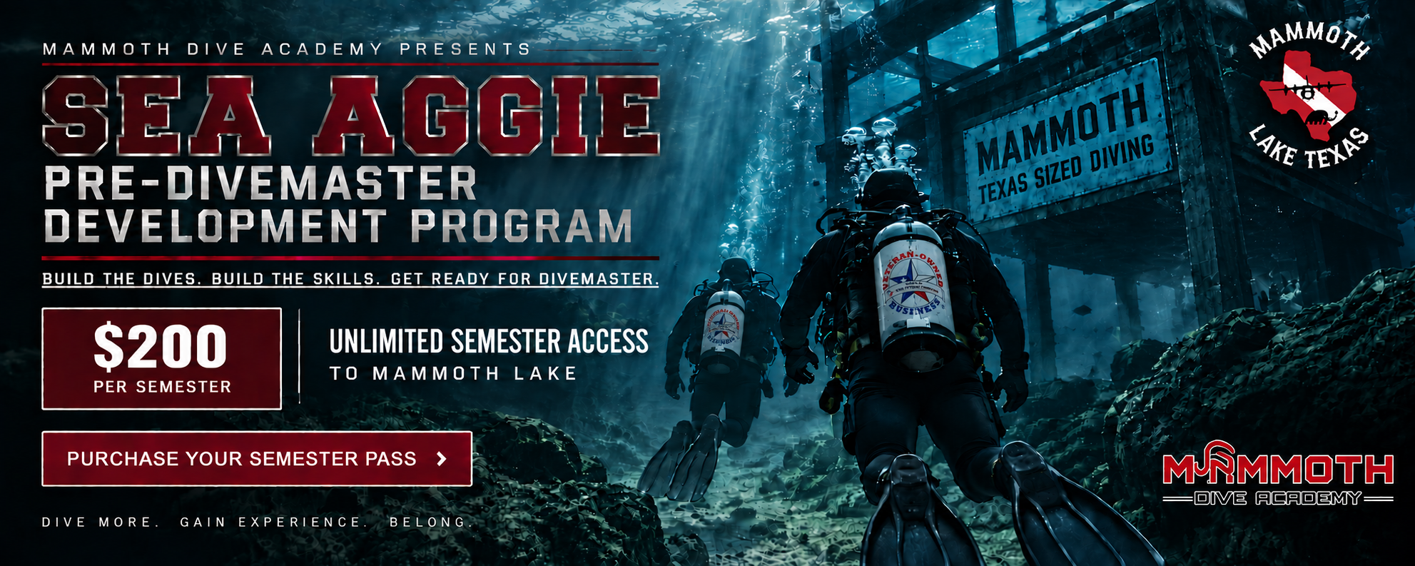 Sea Aggie Pre-Divemaster Development Program - $200 per semester with unlimited semester access to Mammoth Lake