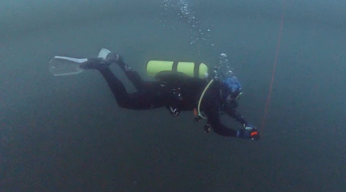 Scuba diver descending a line in low-visibility water during a local Arizona lake dive